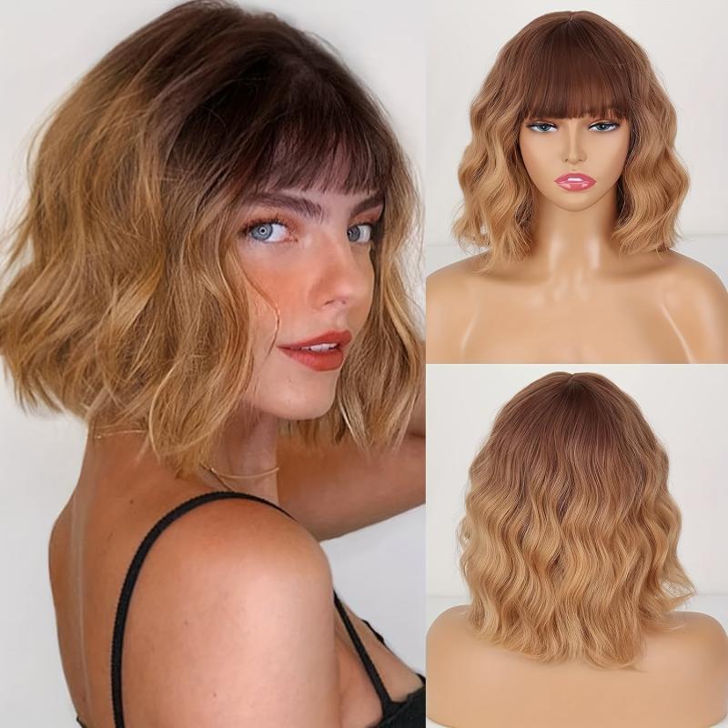 Short Wave Wig With Bangs Natural Look Heat Resistant Fiber Wig
