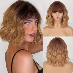 Short Wave Wig With Bangs Natural Look Heat Resistant Fiber Wig