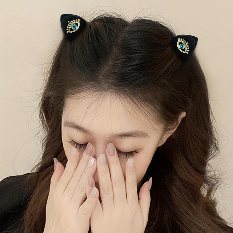 2pcs Devil's Eye Girl Small Hair Clip Cat Ears Letter Headwear