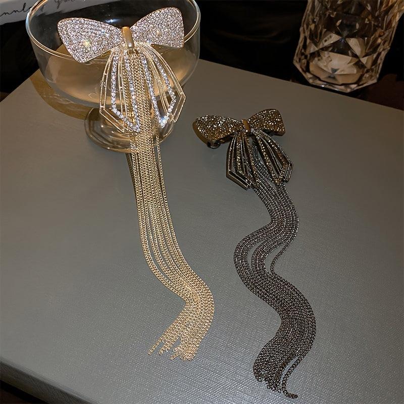 Rhinestone Bow Tassel Hair Clip Sparkling Hair Accessory