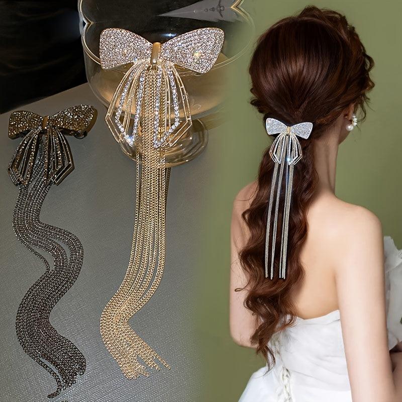 Rhinestone Bow Tassel Hair Clip Sparkling Hair Accessory
