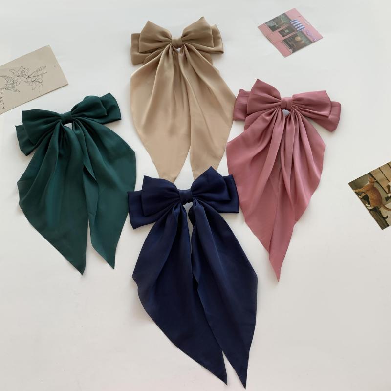 Red Bow Knot Fabric Hair Clip with Long Ribbon for Women