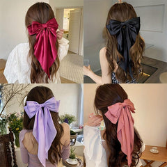 Red Bow Knot Fabric Hair Clip with Long Ribbon for Women