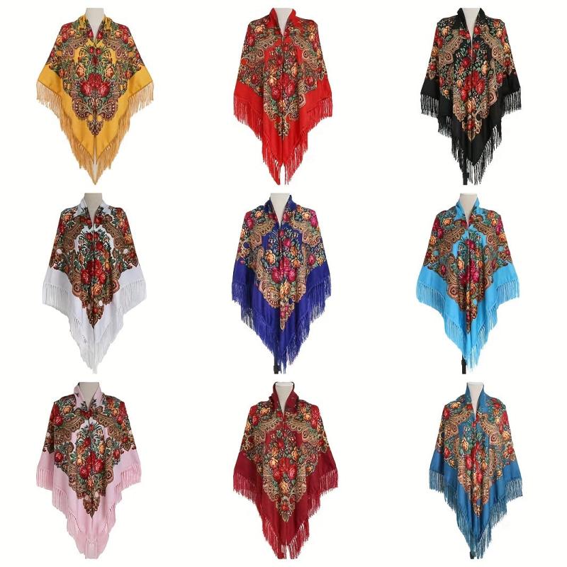 Fringed Ethnic Square Scarf Oversize Shawl Women's Scarf