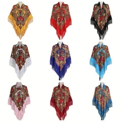 Fringed Ethnic Square Scarf Oversize Shawl Women's Scarf