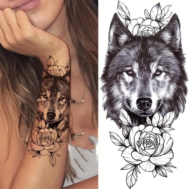 Wolf Head Flower Tattoo Sticker Waterproof Temporary Arm Body Sticker