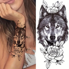 Wolf Head Flower Tattoo Sticker Waterproof Temporary Arm Body Sticker