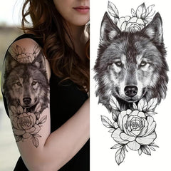 Wolf Head Flower Tattoo Sticker Waterproof Temporary Arm Body Sticker