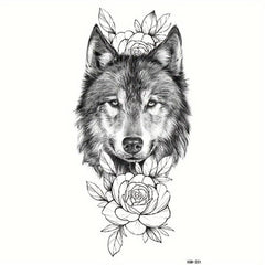 Wolf Head Flower Tattoo Sticker Waterproof Temporary Arm Body Sticker
