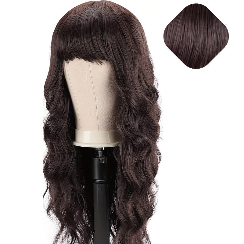 Long Curly Wavy Wig With Bangs Synthetic Heat Resistant for Everyday