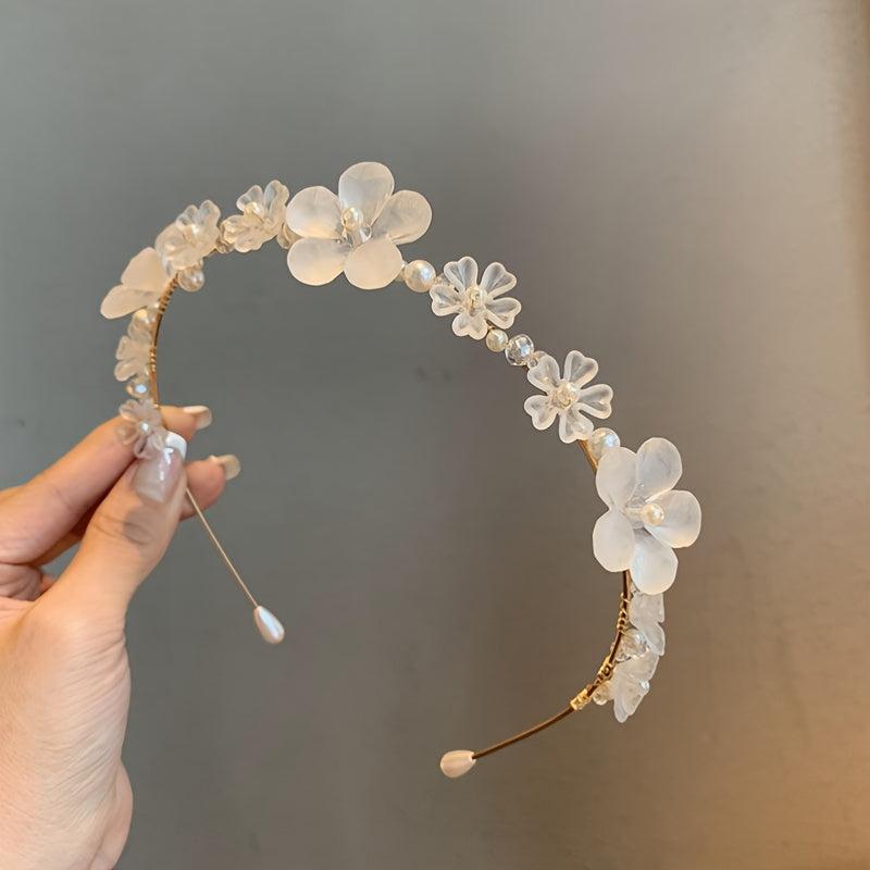 Ins Style Pearl Crystal Flower Headband Classy Frosted Hand Braided Headband