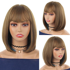 Short Bob Wig with Bangs Heat Resistant Synthetic Round Face Girls Hair