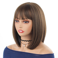 Short Bob Wig with Bangs Heat Resistant Synthetic Round Face Girls Hair