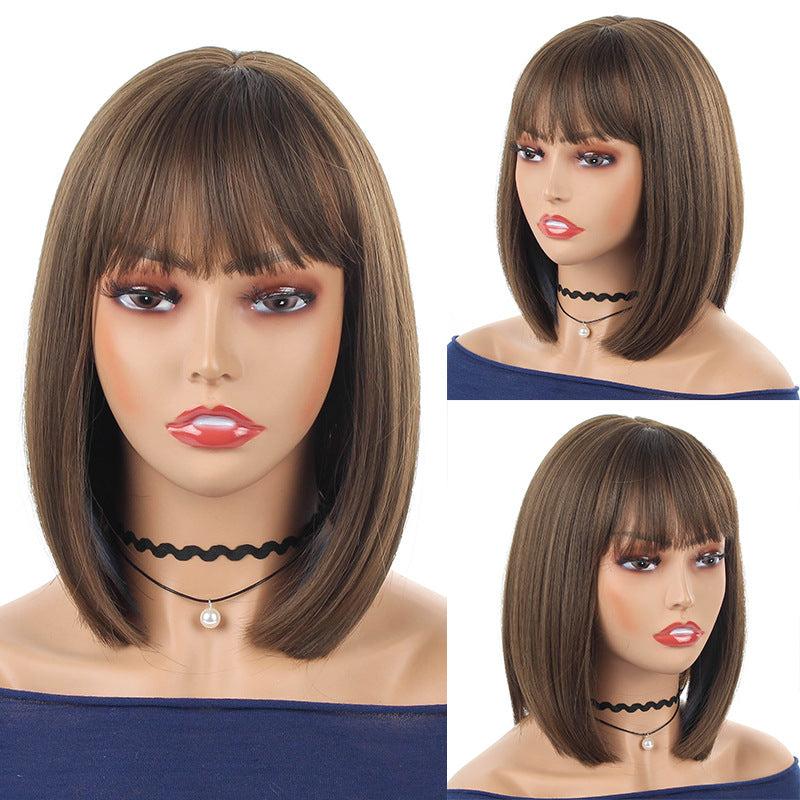 Short Bob Wig with Bangs Heat Resistant Synthetic Round Face Girls Hair