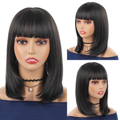 Short Bob Wig with Bangs Heat Resistant Synthetic Round Face Girls Hair