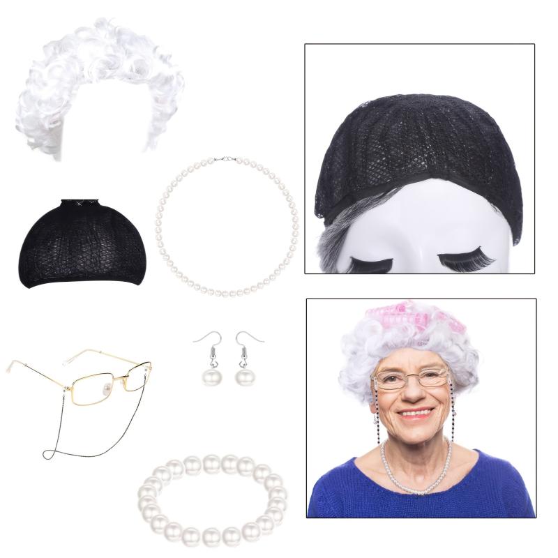 7pcs Elderly COS Curly Hair Wig Gray Female Short Curly Silver Hair