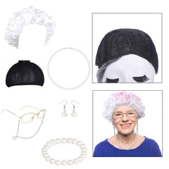 7pcs Elderly COS Curly Hair Wig Gray Female Short Curly Silver Hair