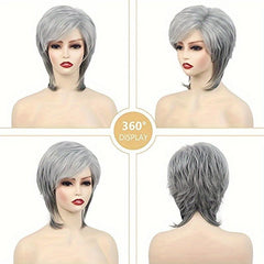 Short Gray Layered Cut Wig with Bangs Synthetic Curly Wigs