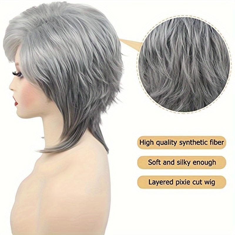 Short Gray Layered Cut Wig with Bangs Synthetic Curly Wigs