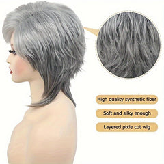 Short Gray Layered Cut Wig with Bangs Synthetic Curly Wigs