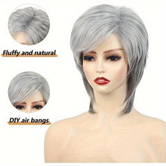Short Gray Layered Cut Wig with Bangs Synthetic Curly Wigs