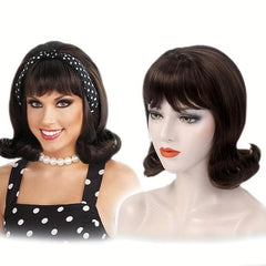 Women's Long Hair Synthetic Wig Brown Diagonal Bangs Fashionable Head Cover