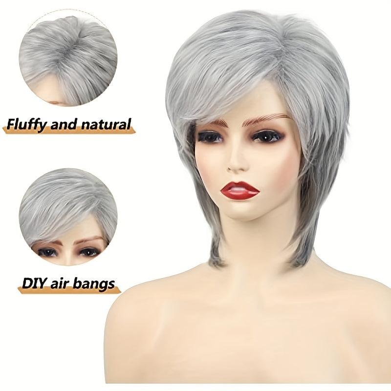 Short Gray Wigs Women Layered Pixie Cut Silver Grey Synthetic Hair Natural Look