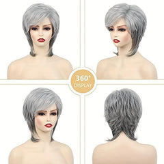 Short Gray Wigs Women Layered Pixie Cut Silver Grey Synthetic Hair Natural Look