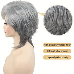Short Gray Wigs Women Layered Pixie Cut Silver Grey Synthetic Hair Natural Look