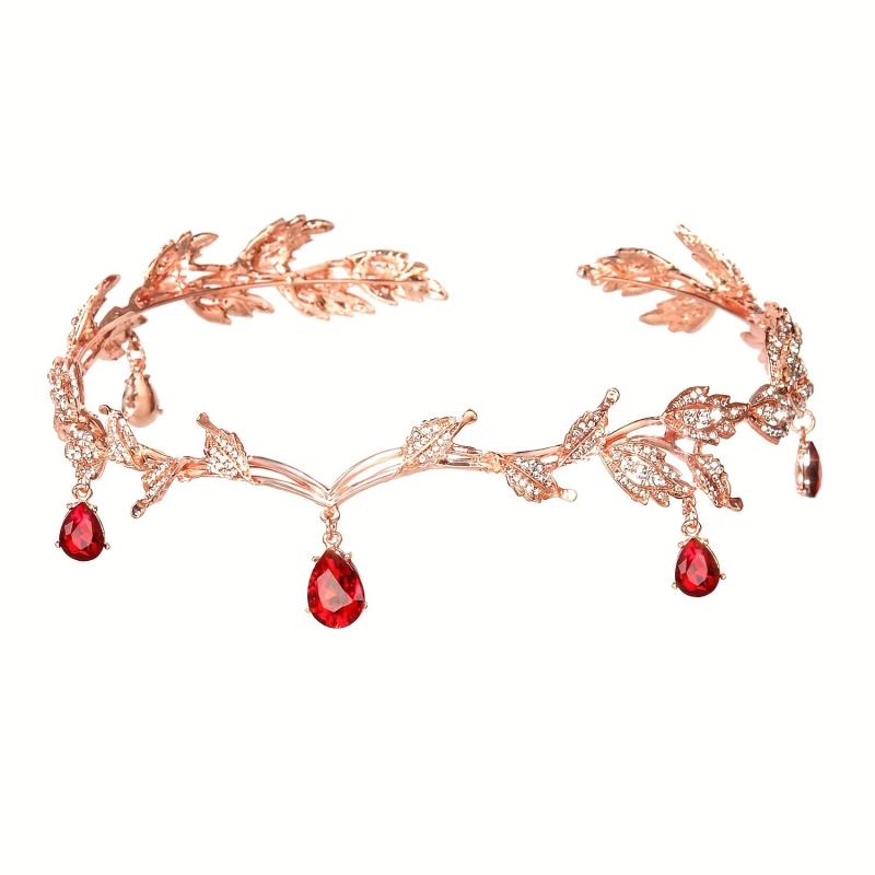Red Rose Golden Ruby Crystal Leaves Tiaras Crowns For Women Girls
