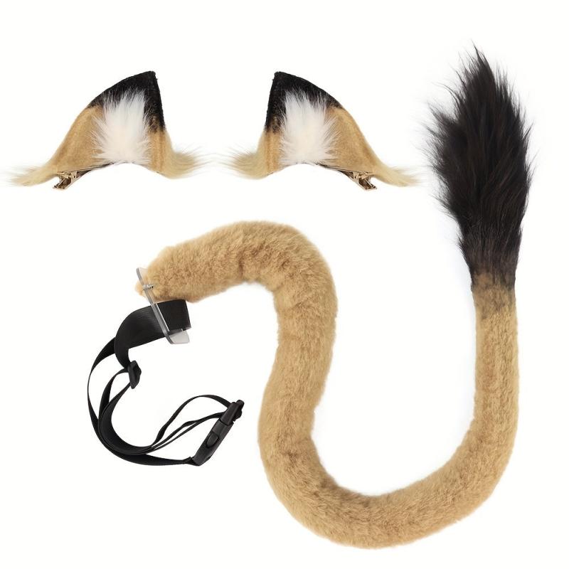 Plush Lion Ears Hair Clip & Tail Set Cosplay Props Party Dress Up 37.4in