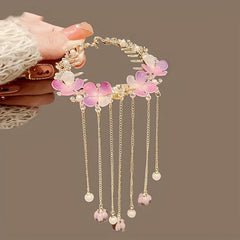 Retro Rhinestone Pearl Ponytail Button Hair Clip Purple Flower