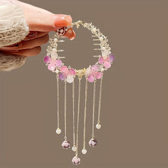 Retro Rhinestone Pearl Ponytail Button Hair Clip Purple Flower