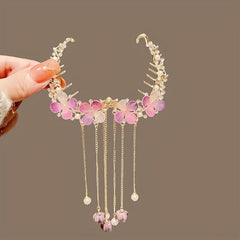 Retro Rhinestone Pearl Ponytail Button Hair Clip Purple Flower