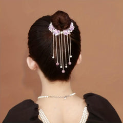 Retro Rhinestone Pearl Ponytail Button Hair Clip Purple Flower
