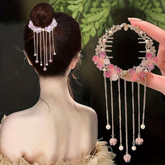 Retro Rhinestone Pearl Ponytail Button Hair Clip Purple Flower