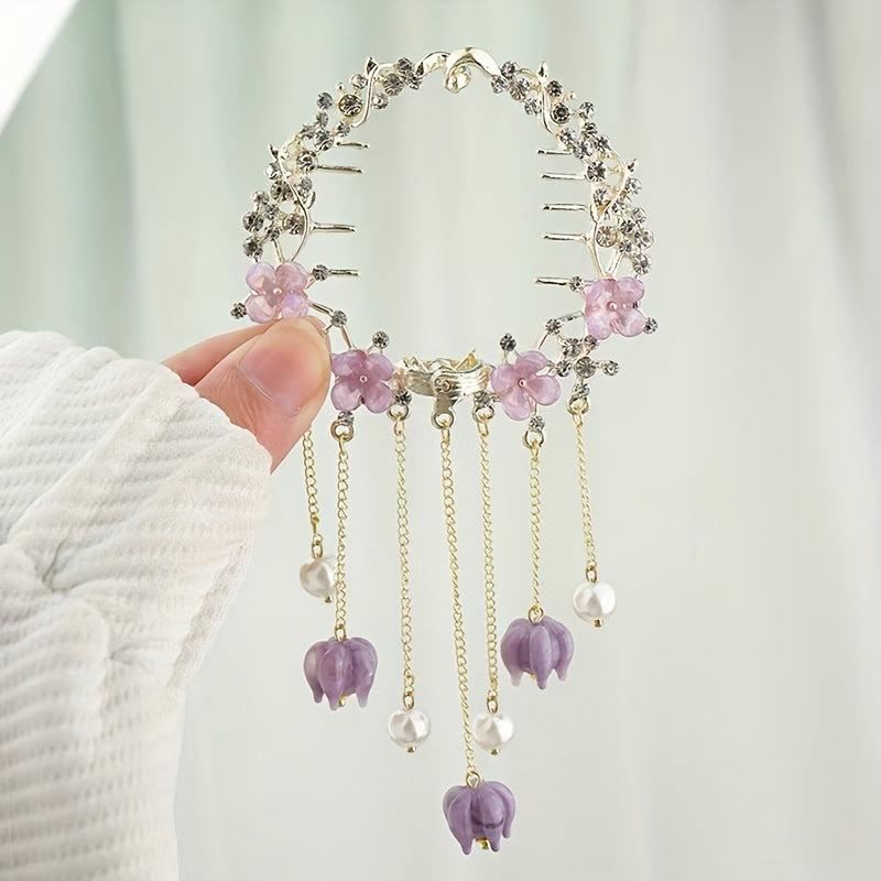 Retro Rhinestone Pearl Ponytail Button Hair Clip Purple Flower