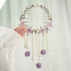 Retro Rhinestone Pearl Ponytail Button Hair Clip Purple Flower