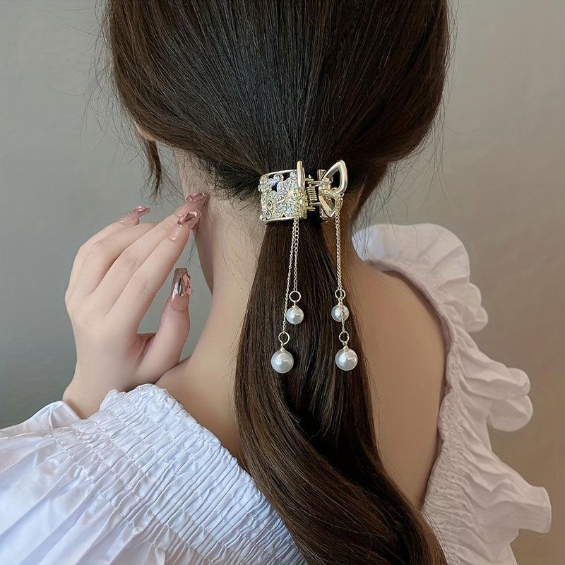 Rhinestone Inlaid Hair Claw Clips with Tassel Pendant - Unique Decors