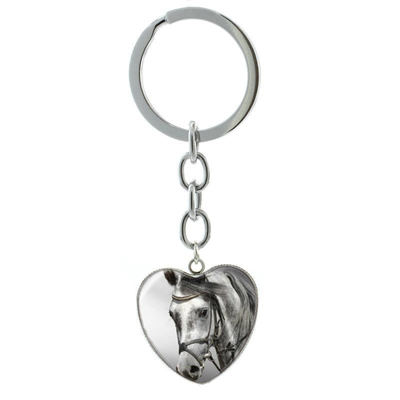 Horse Keychain Glass Gem Stainless Steel Heart Pendant Key Chain
