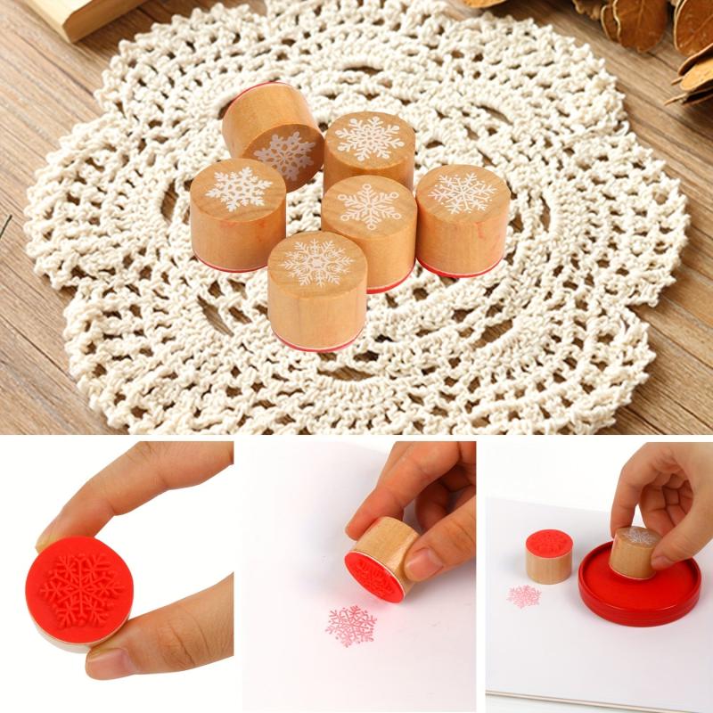 6pcs Snowflake Floral Wooden Rubber Stamps For Card Making & Crafts