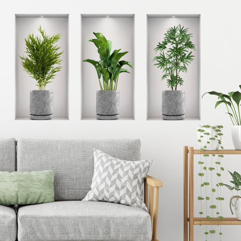 3pcs Green Plant Potted Wall Sticker Home Decoration Bedroom Living Room