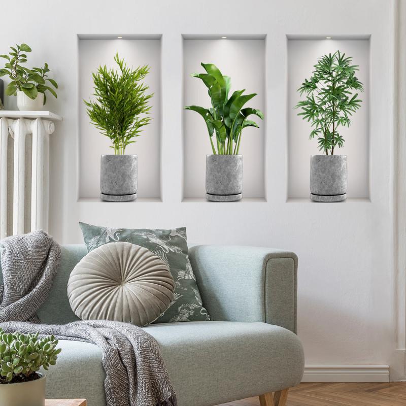 3pcs Green Plant Potted Wall Sticker Home Decoration Bedroom Living Room