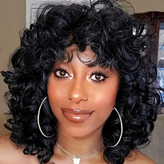 Short Curly Hair Wavy Wig with Bangs Heat Resistant Synthetic Fiber