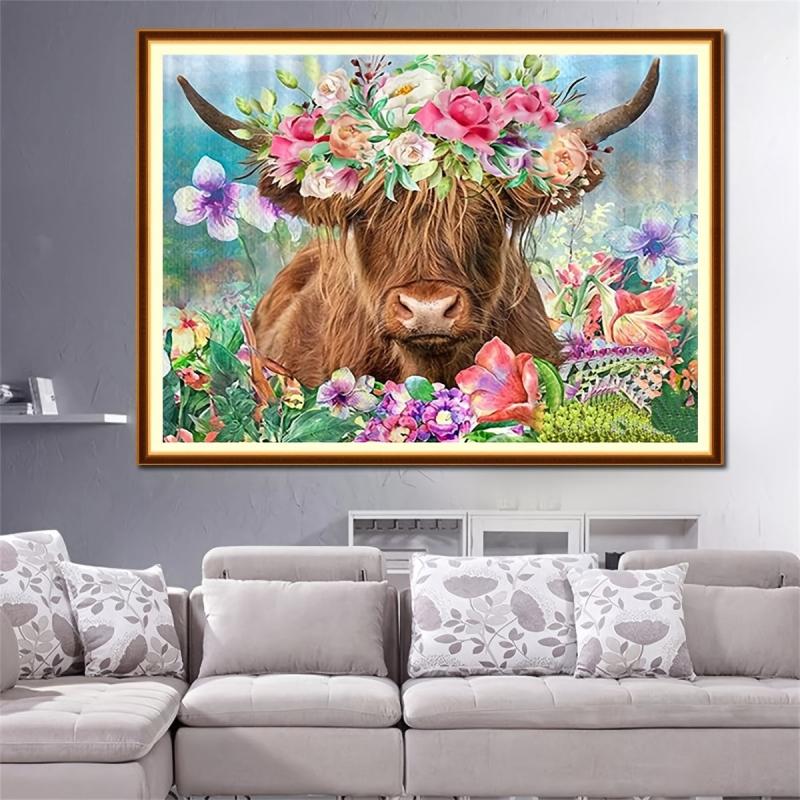 Flower Cow Diamond Art Painting Set - Home Wall Decor - 15.7x11.8 Inches