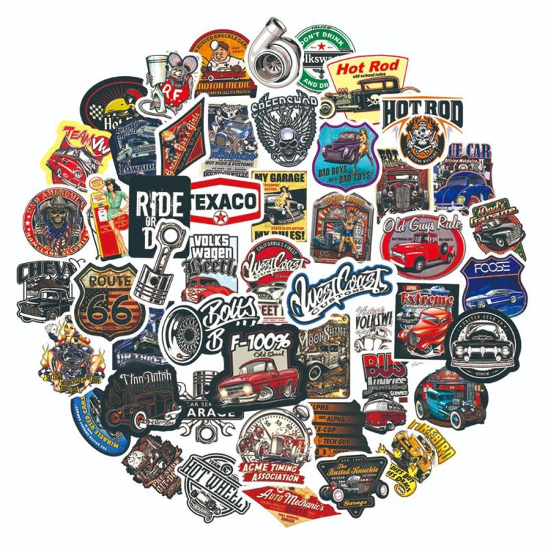 50pcs Retro Car Helmet Stickers for DIY Scrapbooking Skateboards