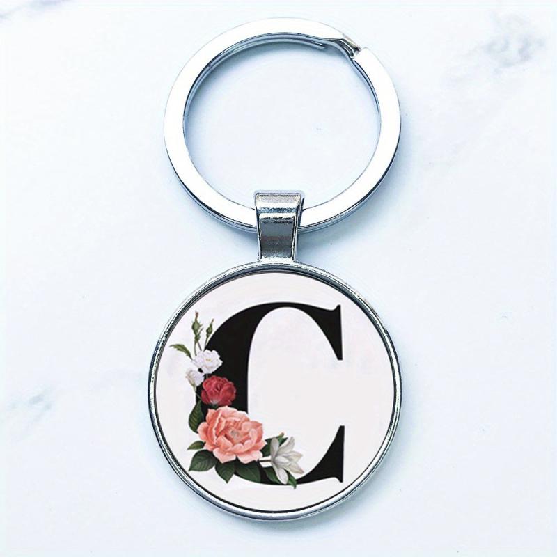 Letter A Alphabet Keychain Flowers Glass Keyring
