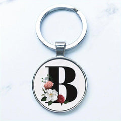 Letter A Alphabet Keychain Flowers Glass Keyring