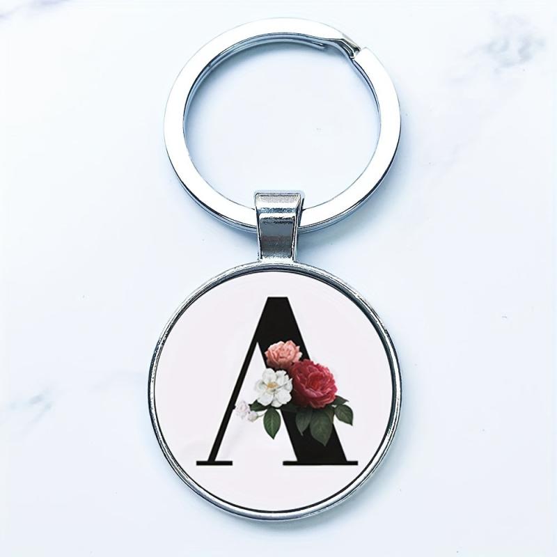 Letter A Alphabet Keychain Flowers Glass Keyring