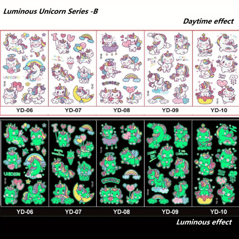 Cartoon Luminous Unicorn Tattoo Stickers 5 Pcs Pack